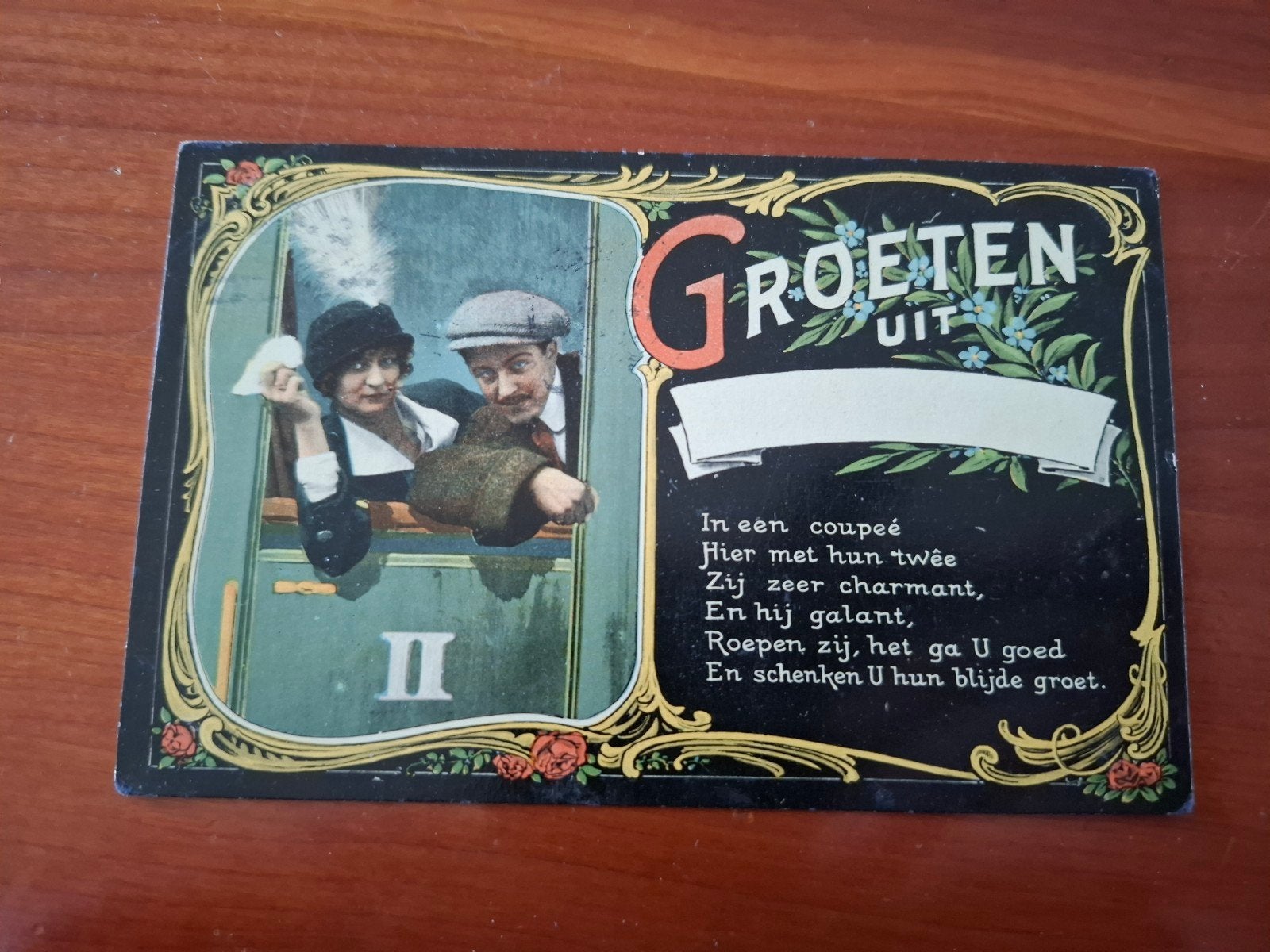 Antieke Ansichtkaart Groeten uit Trein Coupé Art Nouveau, Ophalen of Verzenden, Voor 1920, Gelopen