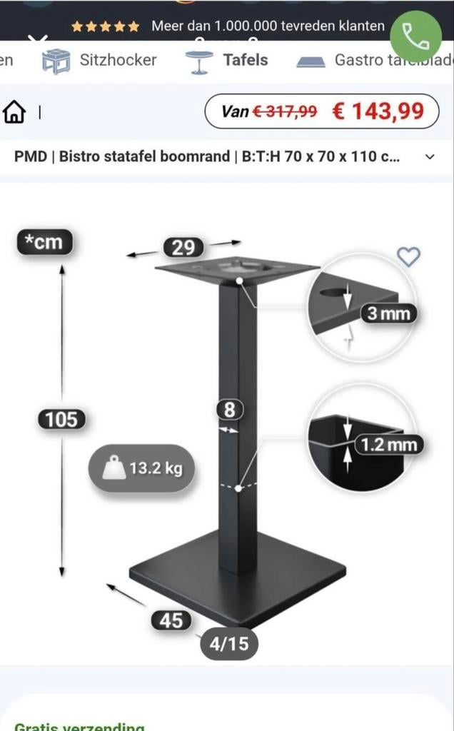 Bartafel onderstel metaal, Huis en Inrichting, Ophalen, Nieuw