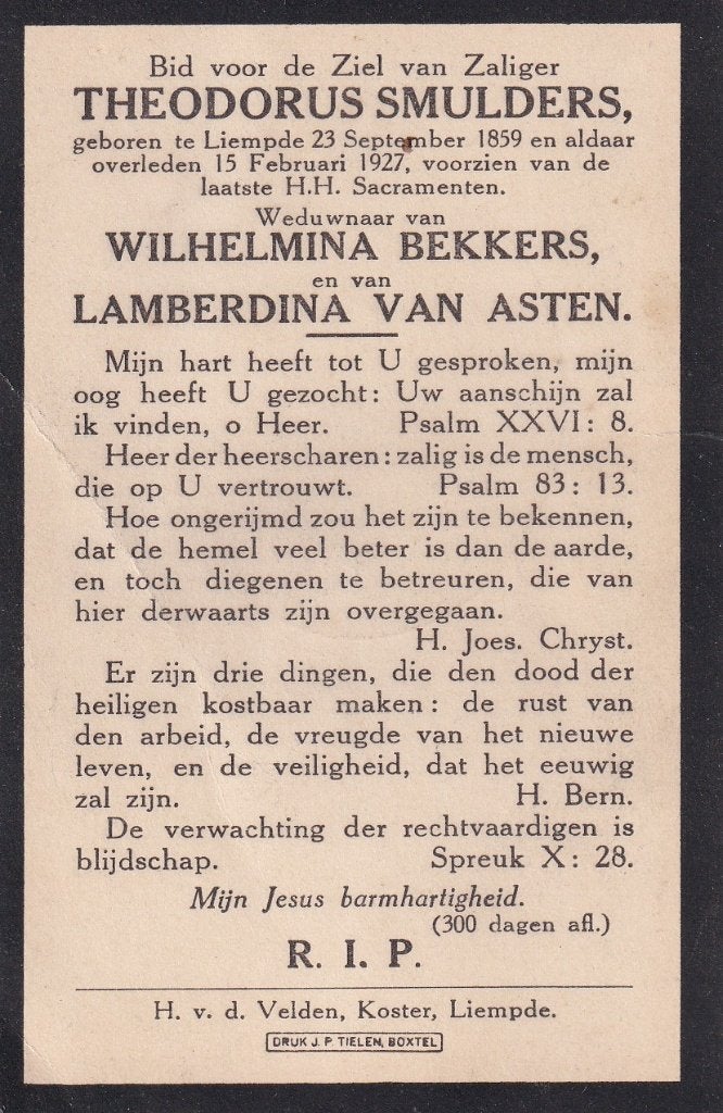 Smulders Theodorus 1859 Liempde 1927, Ophalen of Verzenden, Bidprentje