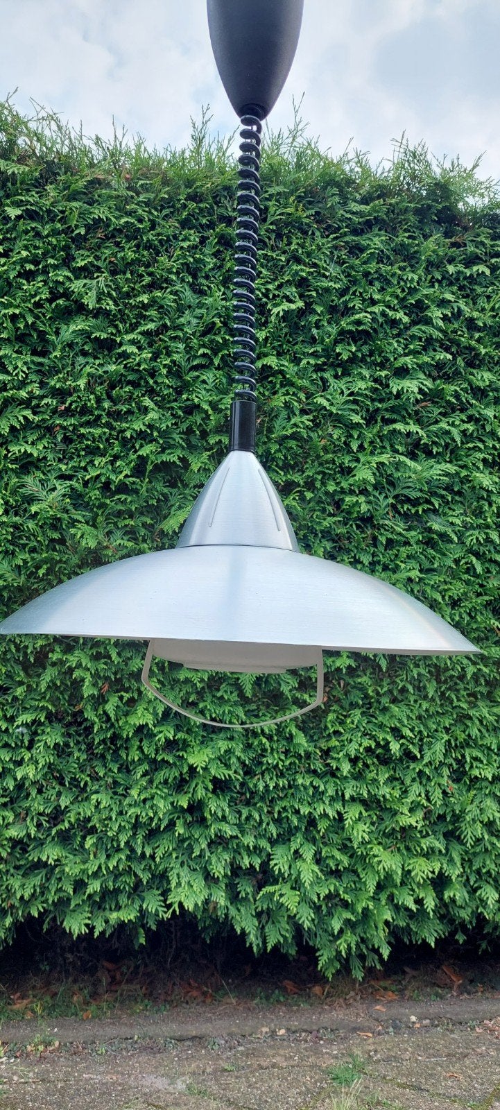 2 vintage trekpendel hanglampen ikea aluminium glas setprijs, Ophalen, Gebruikt, Glas