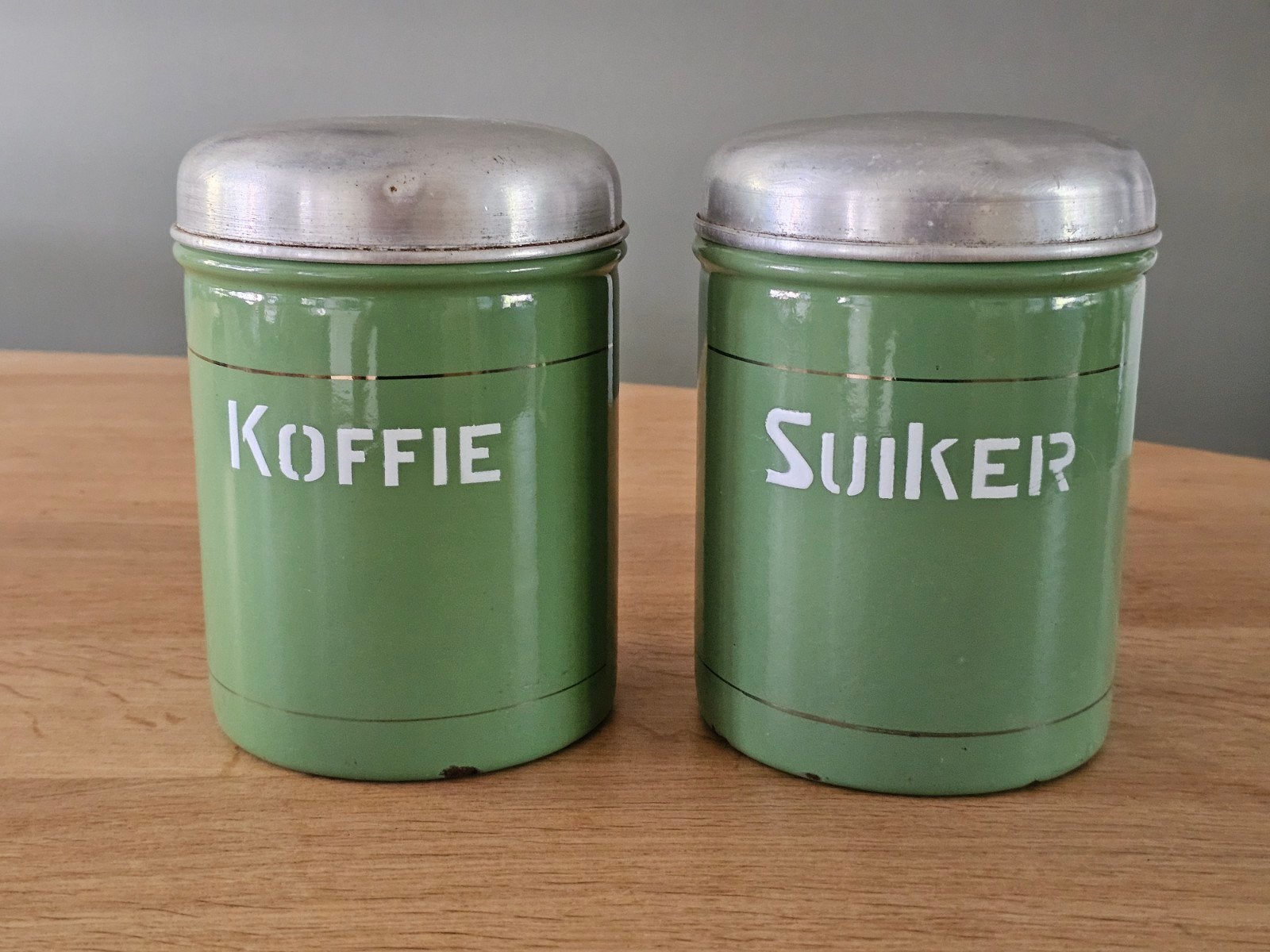 Vintage Groene Emaille Voorraadbussen Set – Koffie & Suiker, Ophalen of Verzenden