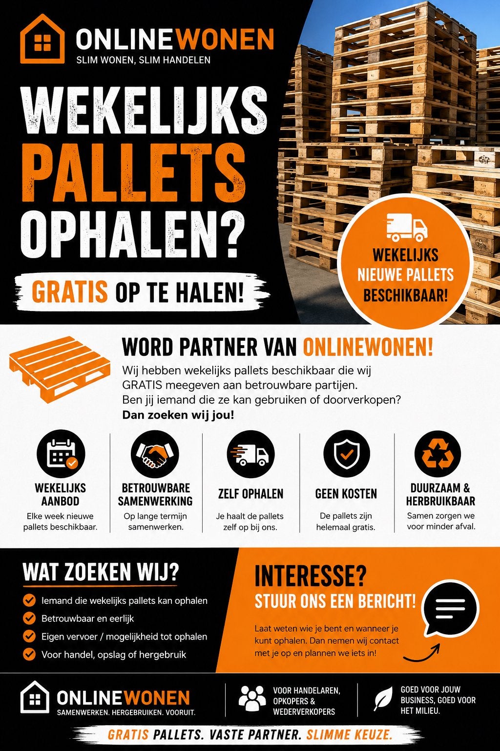 GRATIS PALLETS OPHALEN – WEKELIJKS BESCHIKBAAR, Ophalen, Nieuw