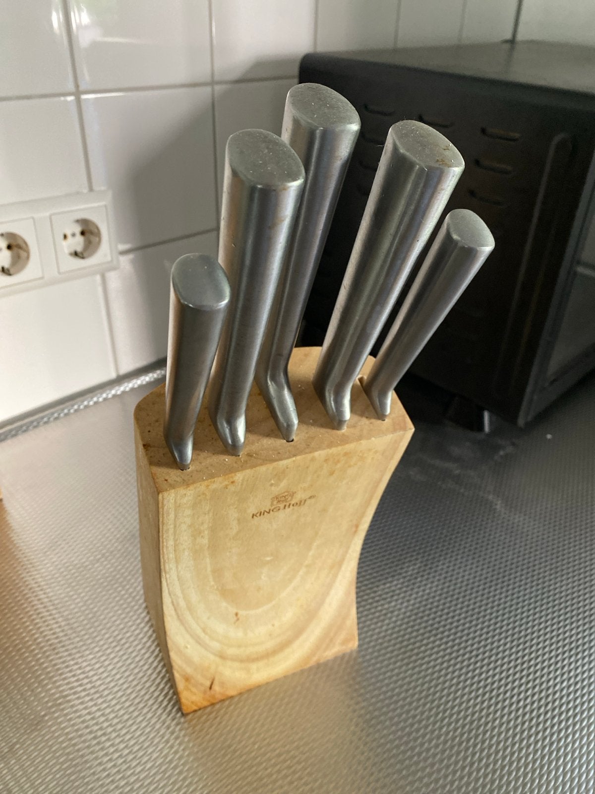 King Hoff Messenset met Houten Blok - RVS Keukenmessen, Gebruikt, Los bestek, Ophalen of Verzenden, Rvs of Chroom