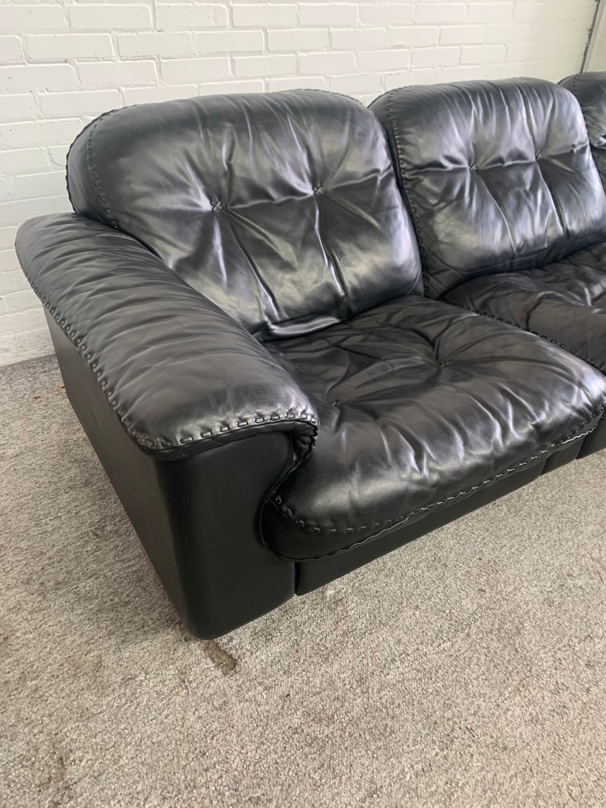 Bank vintage De Sede DS-101 driezitsbank zwart leer jaren 70, Verzenden, Zo goed als nieuw, 75 tot 100 cm, Leer
