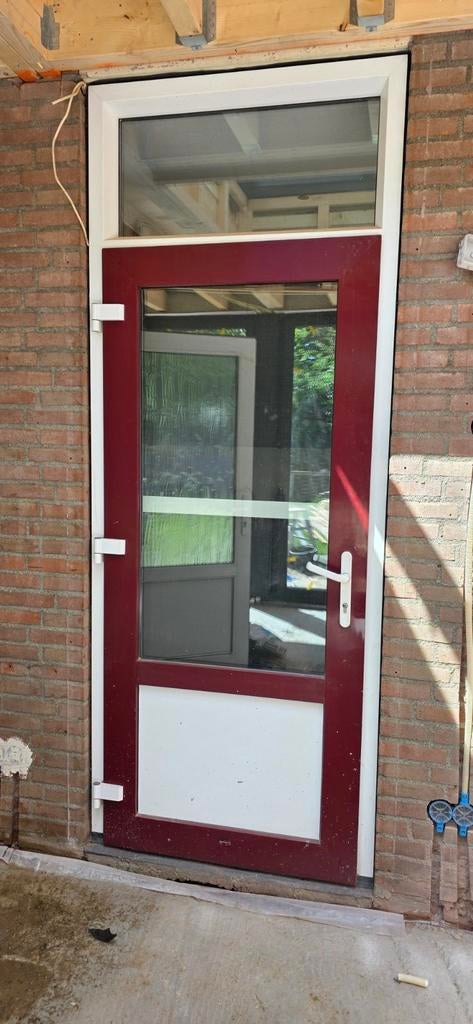 Buitendeur met bovenlicht en hordeur en hardsteen dorpel, Ophalen, Gebruikt, 80 tot 100 cm, 215 cm of meer
