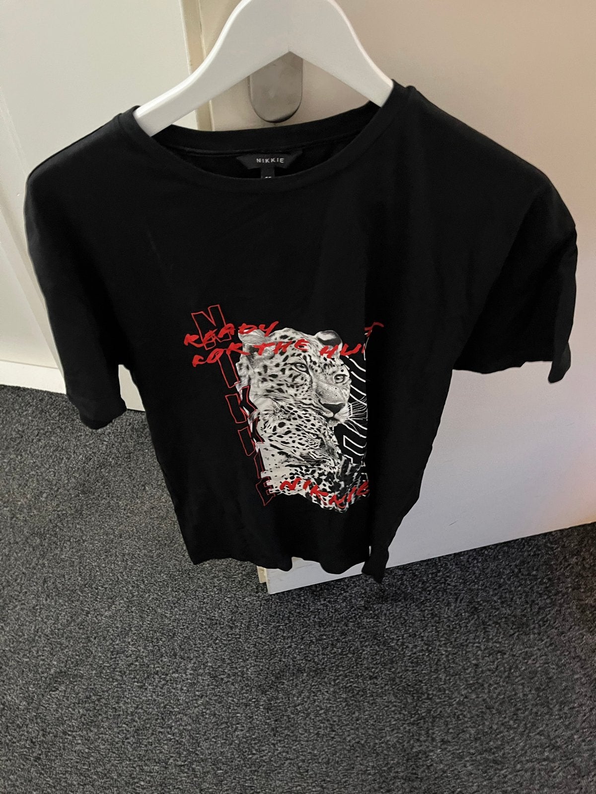 Nikkie dames T-shirt maat S met luipaardprint, Ophalen, Zwart, Korte mouw, Maat 36 (S)