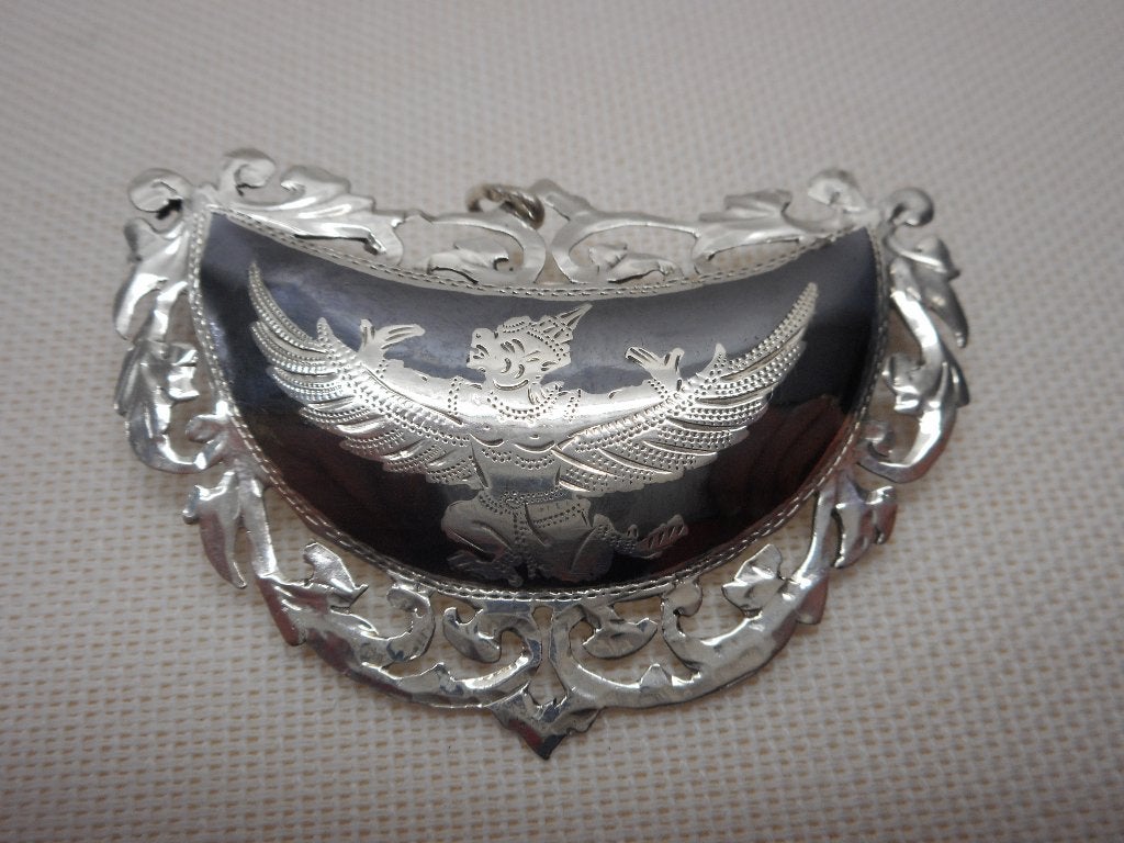 zilveren grote broche /hanger grijs Emaillen nr.056, 4 tot 7 cm, Verzenden, Zo goed als nieuw, Zilver
