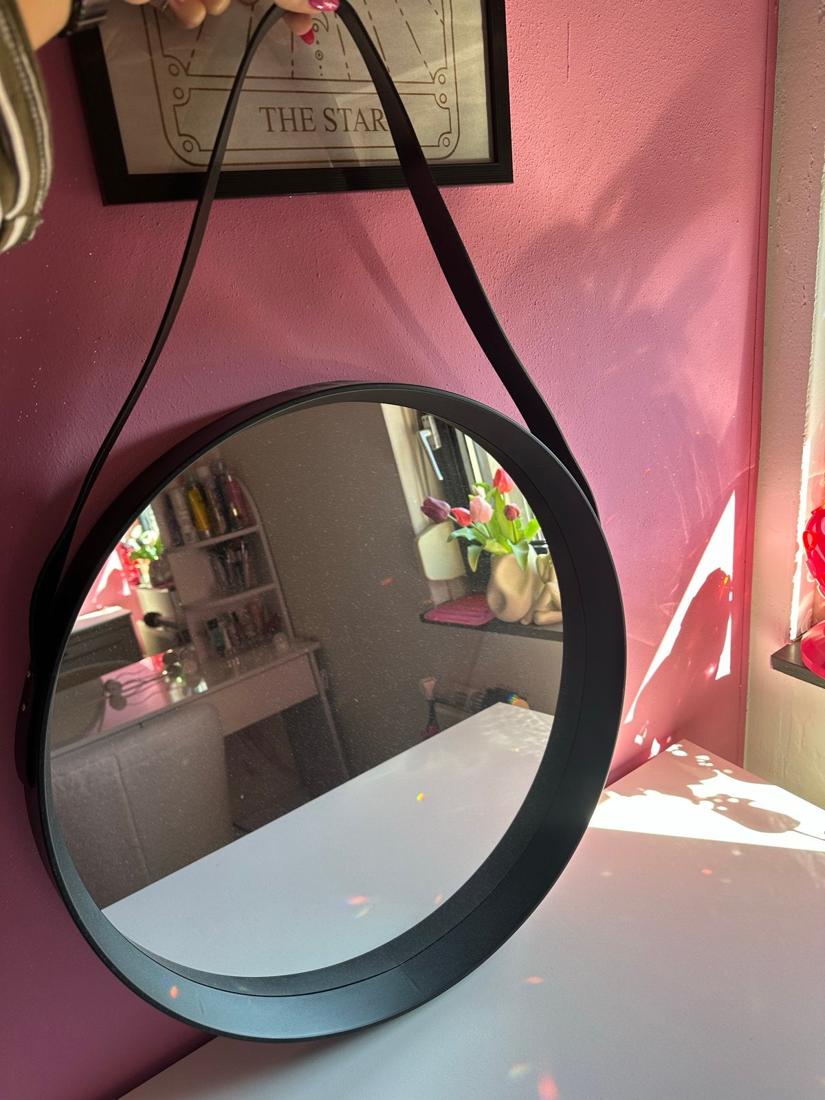 Ronde spiegel met leren ophangband - 51,5 cm diameter, Ophalen, Rond, 50 tot 100 cm, Minder dan 100 cm