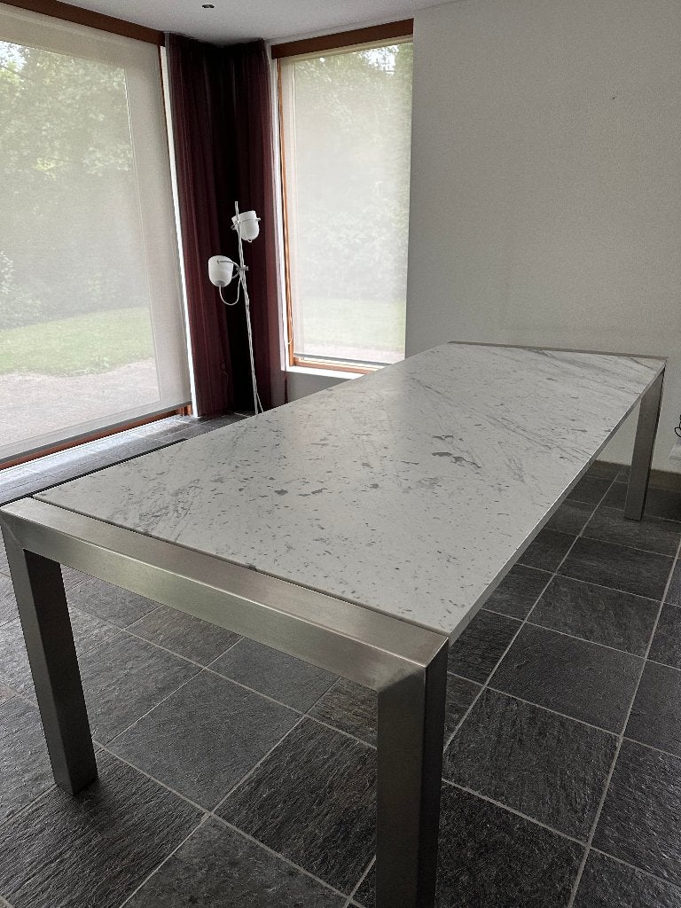 Eettafel - Wit marmeren tafel, 100 tot 150 cm, 200 cm of meer, Zo goed als nieuw, Vijf personen of meer