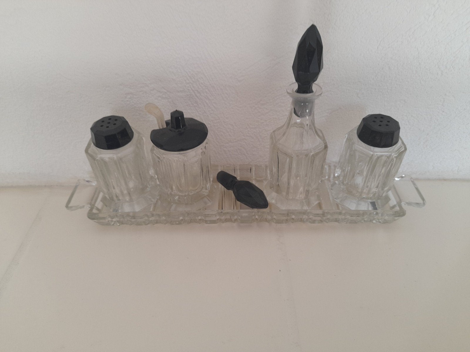 Vintage Glazen Olie & Azijn Set met Peper & Zoutvaatjes, Antiek en Kunst, Ophalen