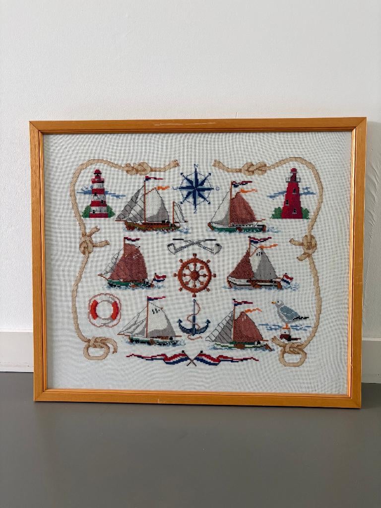 borduurschilderij borduurwerk schilderij skûtsjes vuurtoren, Ophalen, Gebruikt, Handborduren, Overige typen