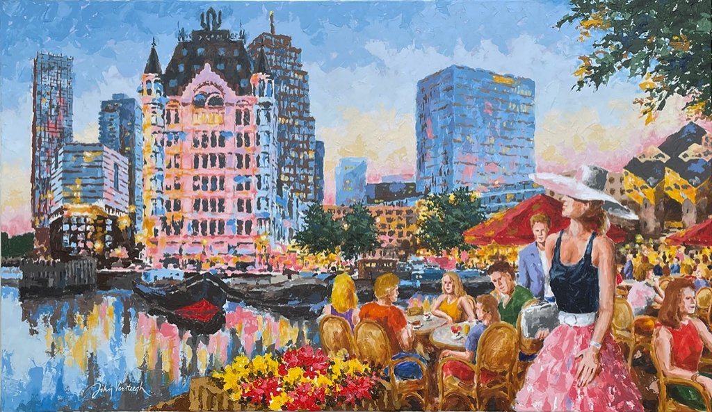 Schilderij Oude Haven Rotterdam 70x120 cm, Antiek en Kunst, Ophalen of Verzenden