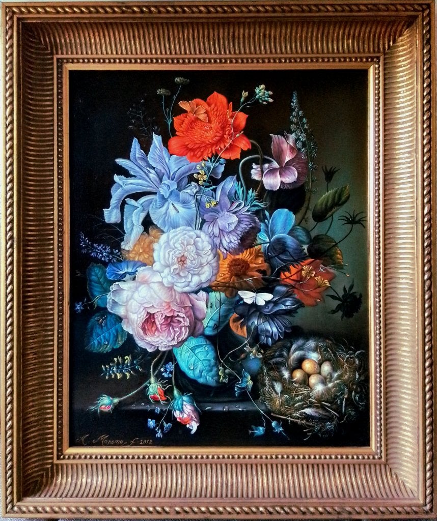 Glazen vaas met bloemen, naar Jan van Huysum, 1682- 1749, Antiek en Kunst, Kunst | Schilderijen | Klassiek, Paneel, Ingelijst
