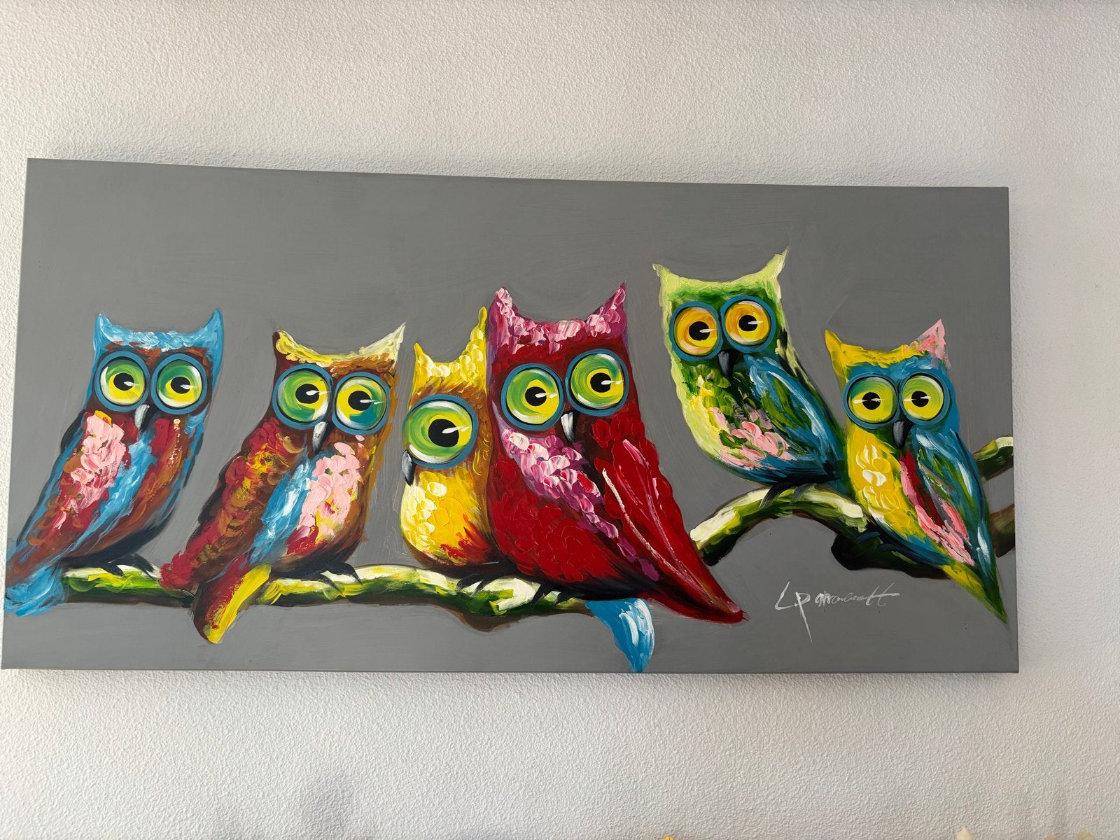 Kleurrijk schilderij met uilen op een tak, Ophalen, Doek, Expressionistisch, Dieren