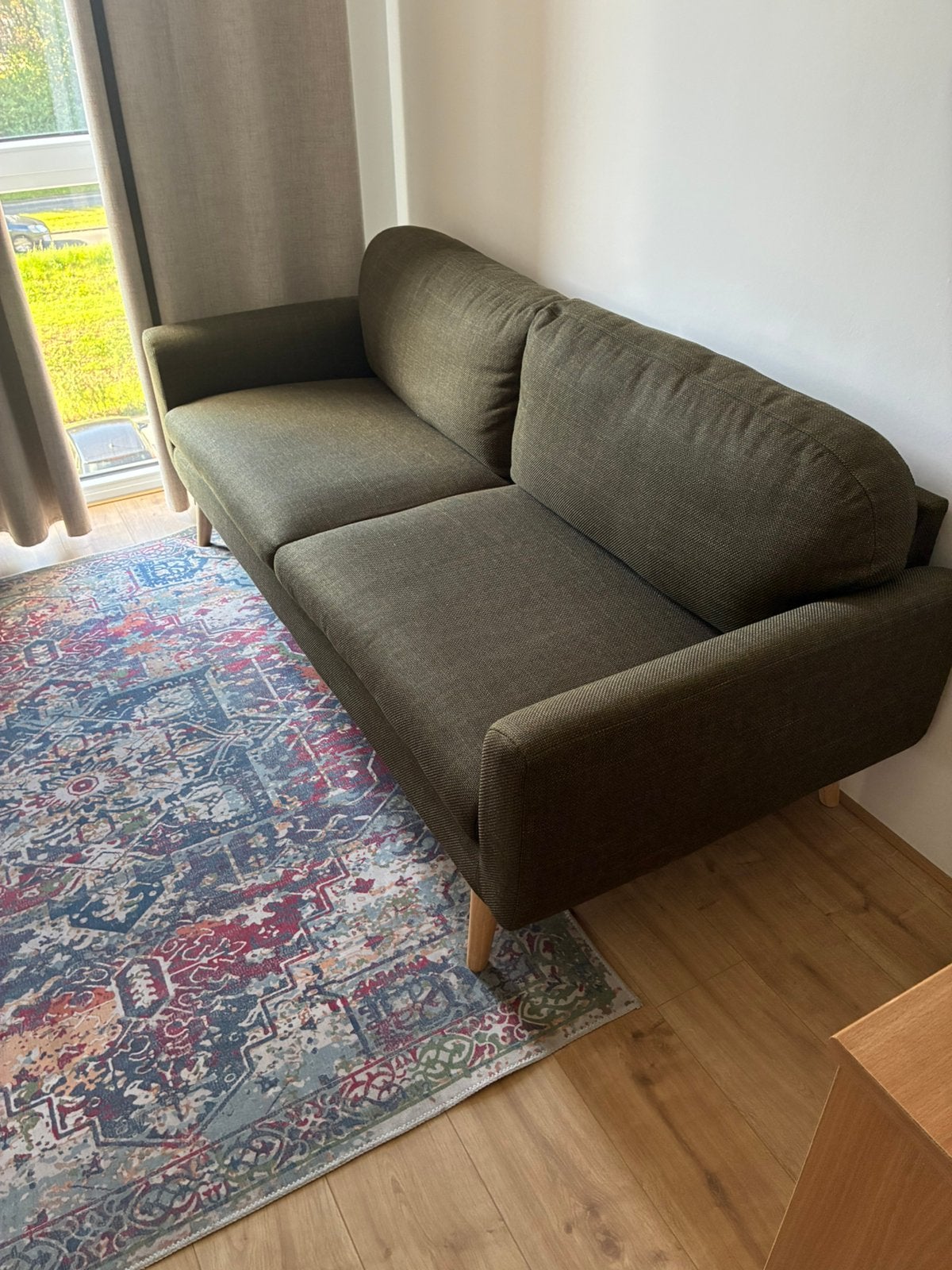 Groene stoffen bank (teab), Huis en Inrichting, Driepersoons, 75 tot 100 cm, Ophalen of Verzenden, Zo goed als nieuw