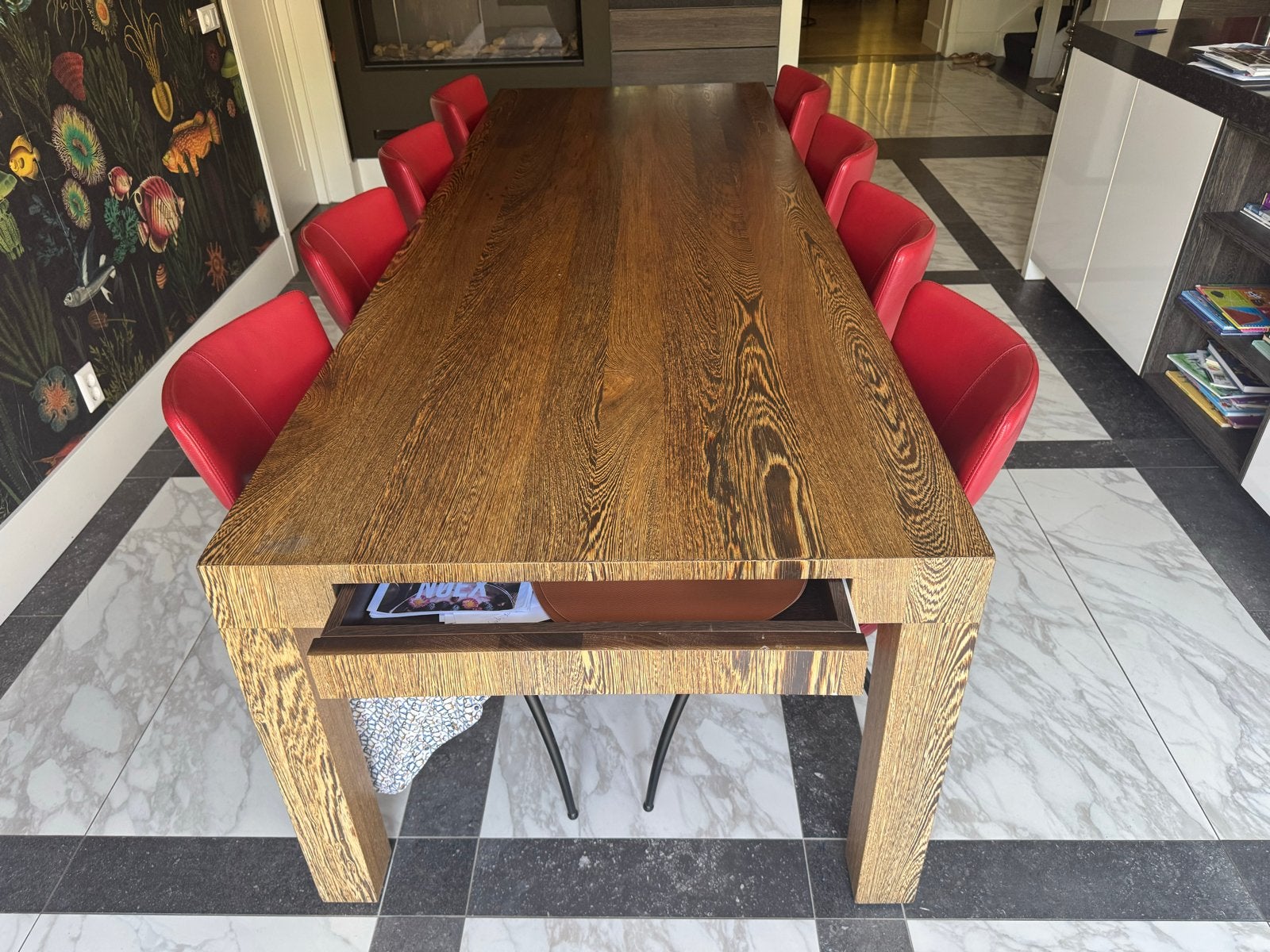 Massieve Wengé Houten Eettafel met Lade - 280x100cm, Ophalen, Gebruikt, 100 tot 150 cm, 200 cm of meer