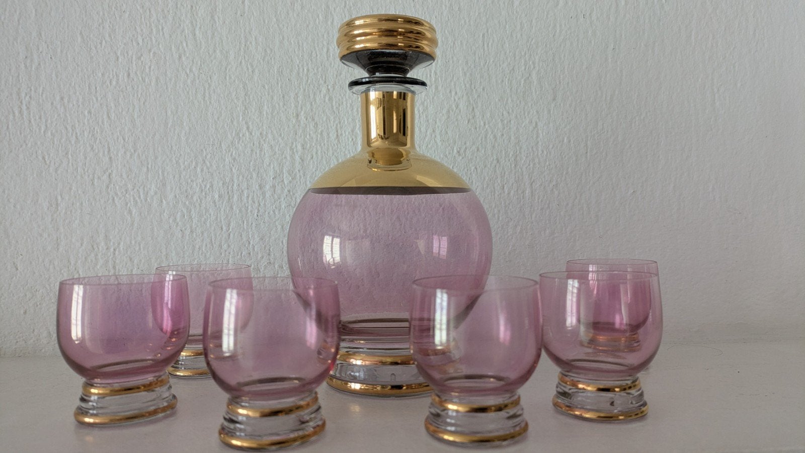 Franse karaf met glazen set roze en goud, Ophalen of Verzenden, Zo goed als nieuw, Overige typen