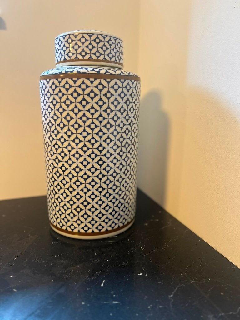 Riverdale Handpainted Dekselpot – 41 cm – Handbeschilderd, Ophalen of Verzenden, Gebruikt, Blauw, Overige materialen
