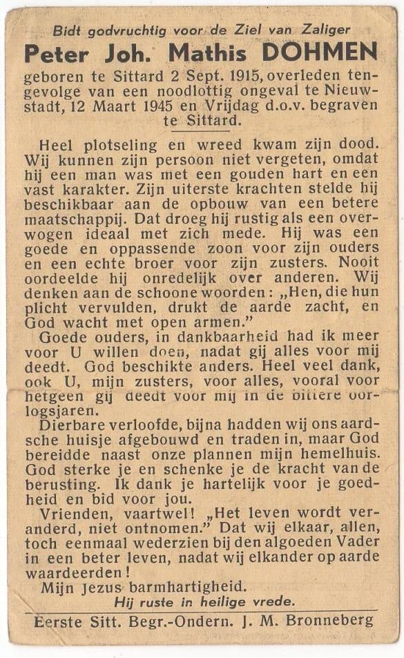 WO-2 Peter J.M. Dohmen 1915 Sittard + 1945 Nieuwstadt, 29 jr, Verzenden