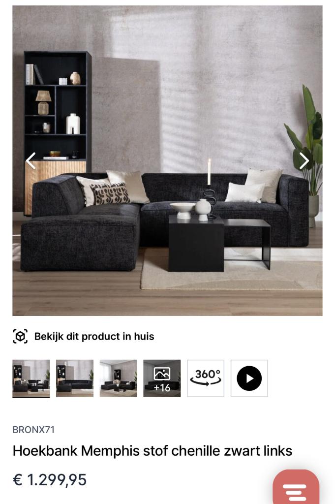 !!ACTIE!! Hoekbank Memphis Black Chenille, Niet ingevuld, Niet ingevuld, Niet ingevuld