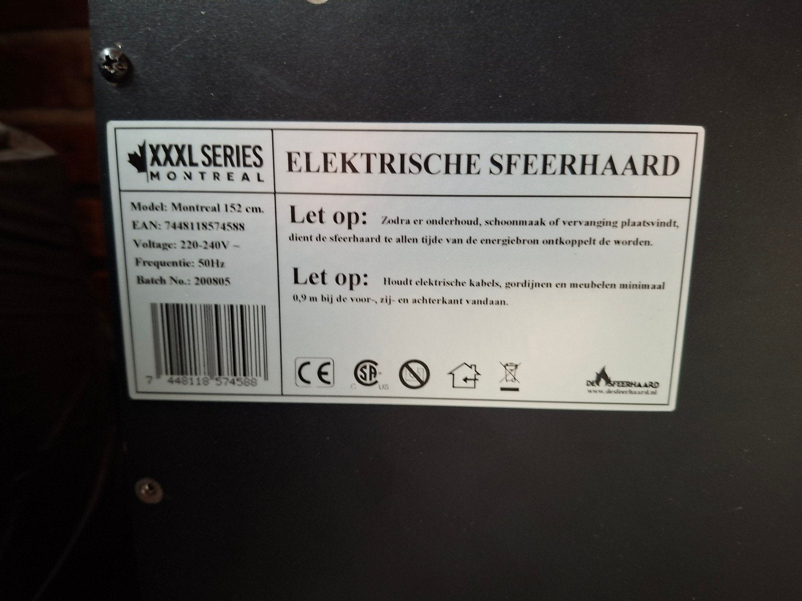 XXXL Series Montreal Elektrische Sfeerhaard 152 cm, Ophalen, Gebruikt, Inbouwhaard, Elektrische haard