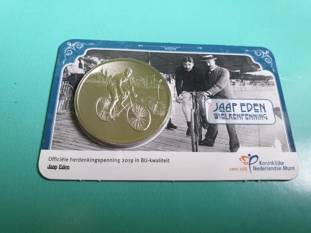 Wielerpenning Jaap Eden 2019 in coincard, Ophalen of Verzenden, Overige materialen