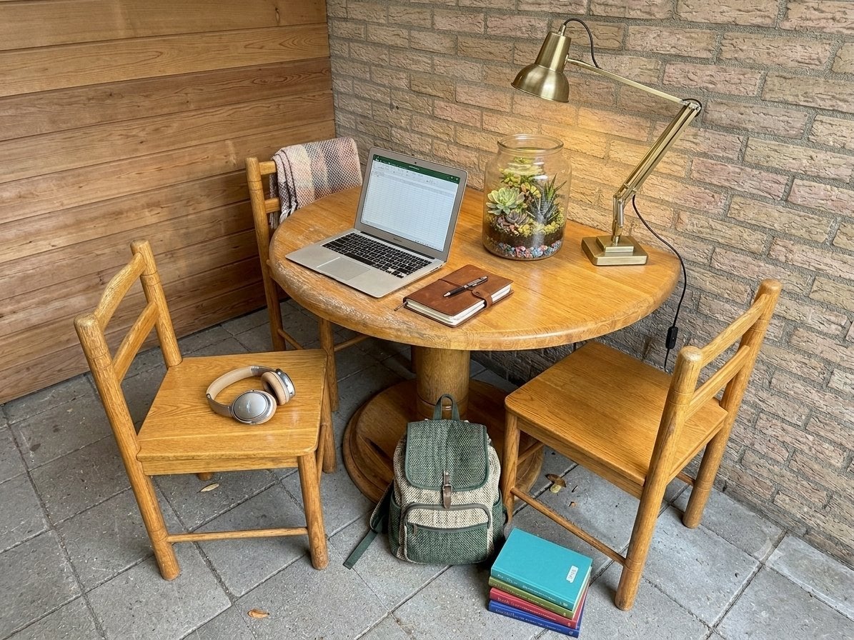 Houten eet- werktafel (massief eiken) met 3 stoelen -, Ophalen, Gebruikt, 50 tot 100 cm, 100 tot 150 cm