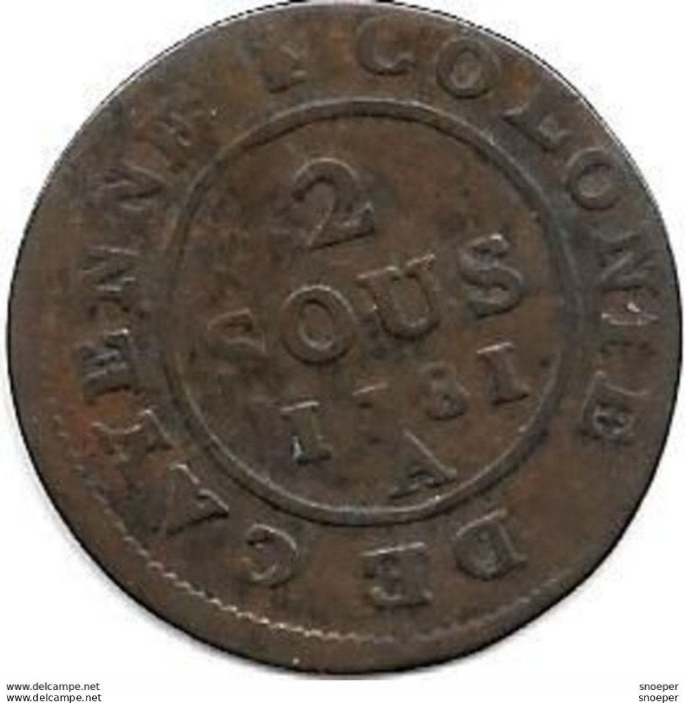 french guiana cayenne 2 sous 1781 km 1 vf+ cat val 92$, Postzegels en Munten, Ophalen of Verzenden, Zuid-Amerika, Losse munt