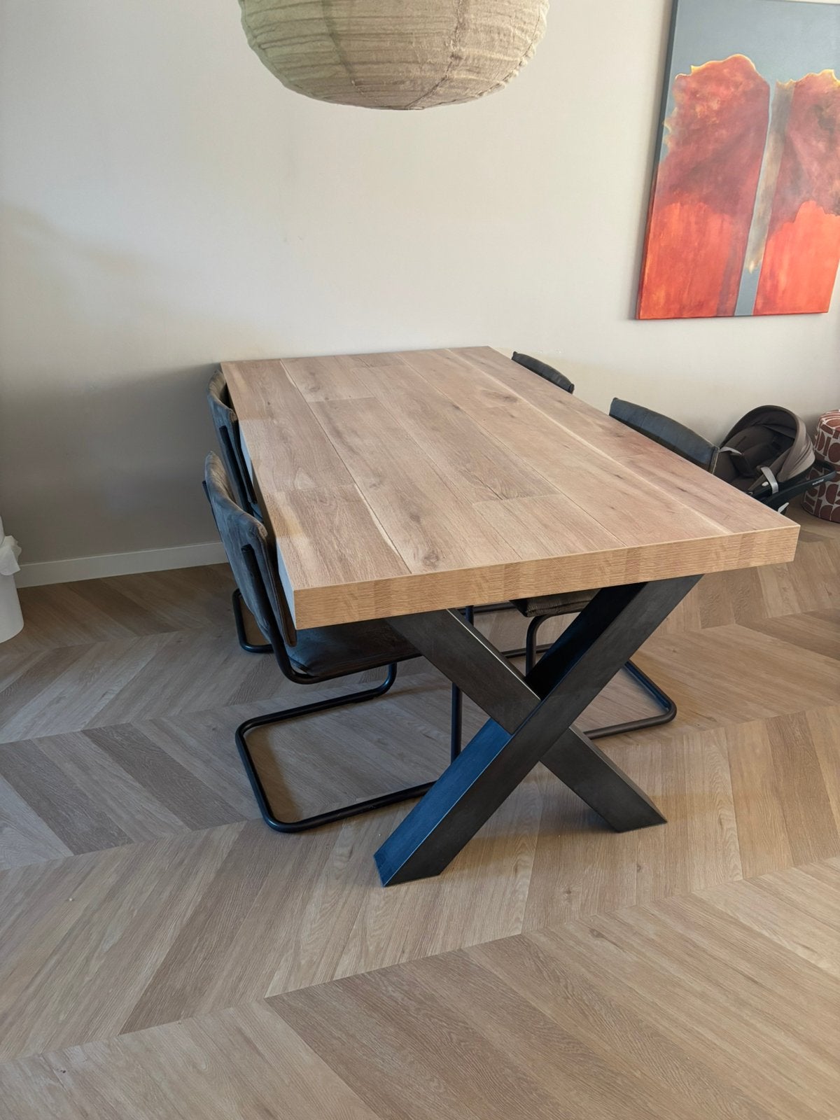 Houtlook tafel met 4 groene stoelen 180cmx100cm, Huis en Inrichting, Tafels | Eettafels, Ophalen, Zo goed als nieuw, Rechthoekig