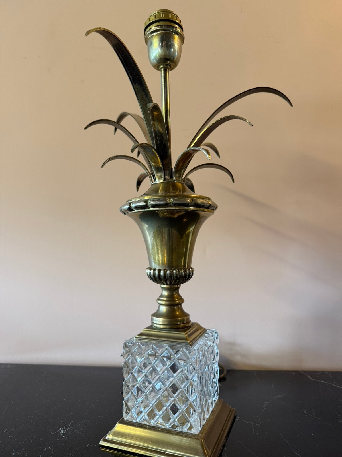 Vintage Hollywood Regency palm tafellamp glas messing, Gebruikt, Overige merken, 48 cm, Met schakelaar