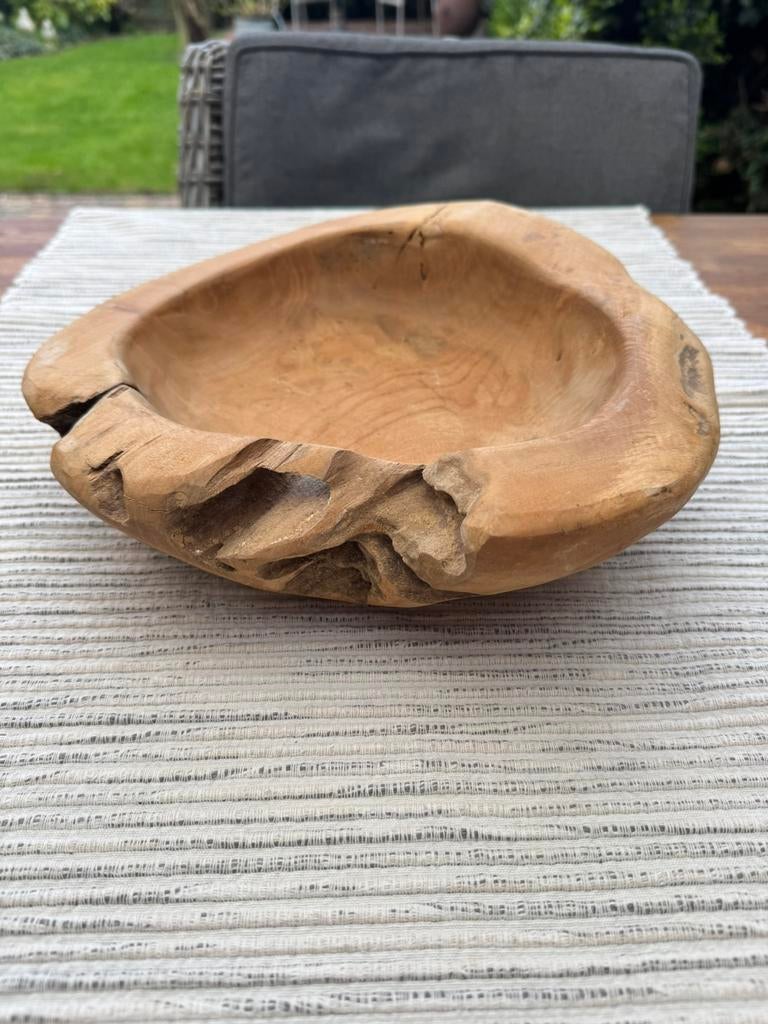 Unieke Houten Schaal – Japandi Stijl – Teak / Wortelhout, Ophalen of Verzenden, Zo goed als nieuw, Rond, Hout