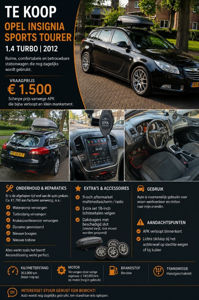 Opel Insignia 1.4 Turbo 103KW Sports Tourer 2012 Zwart, 4 cilinders, Zwart, Origineel Nederlands, Handgeschakeld