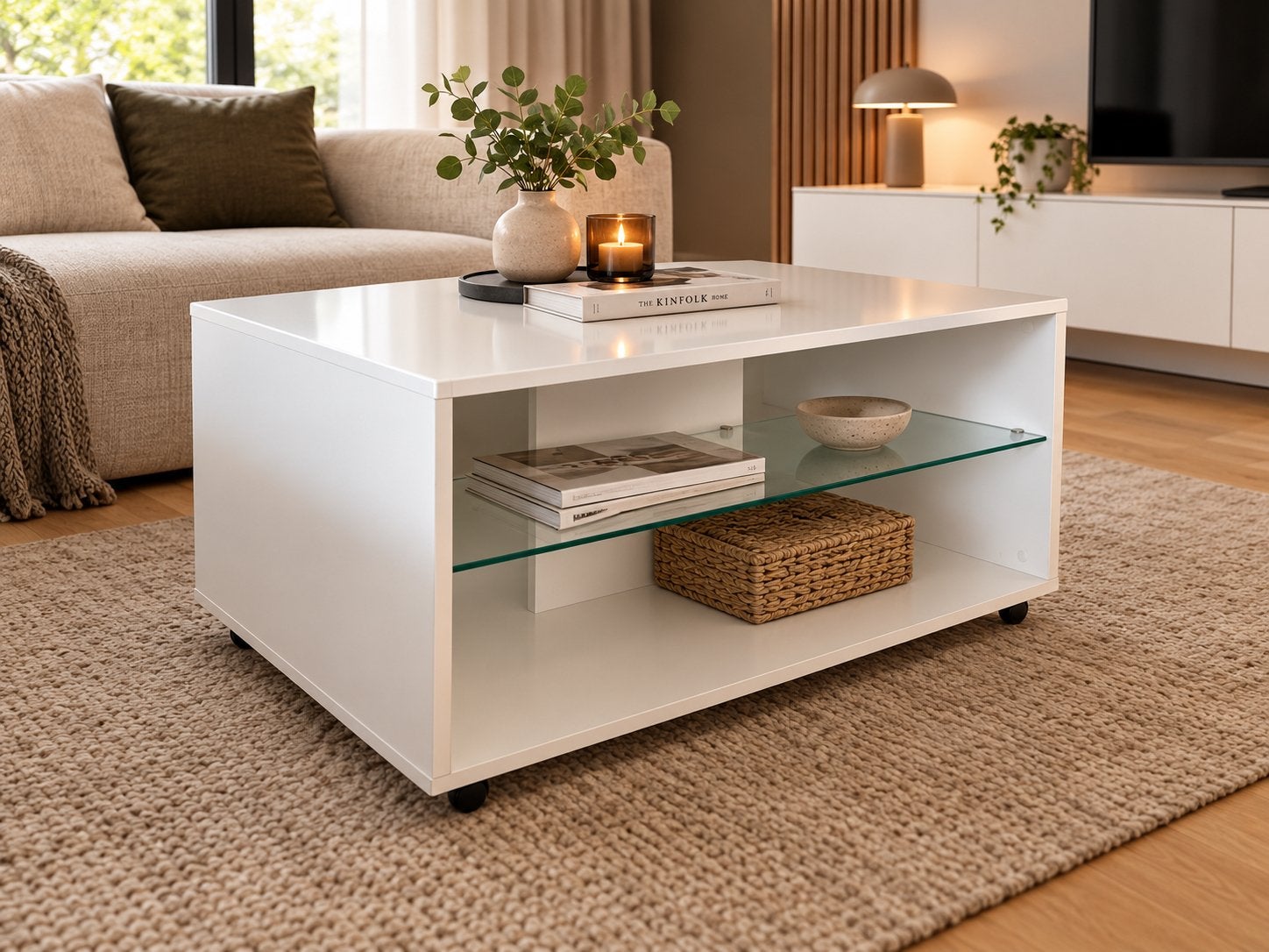 Salontafel wit hoogglans rolbaar
