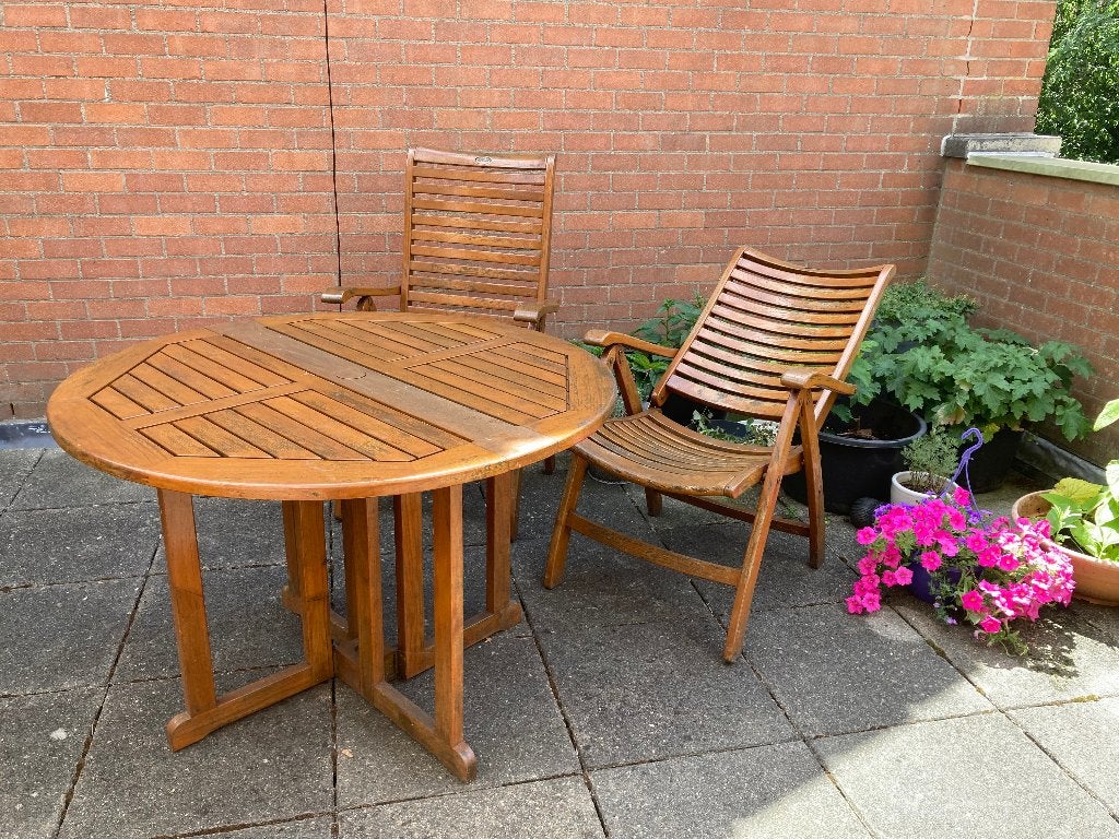 hardhouten tuinset (2 stoelen en inklapbare tafel), Gebruikt, Hardhout, Tuinset, Eettafel