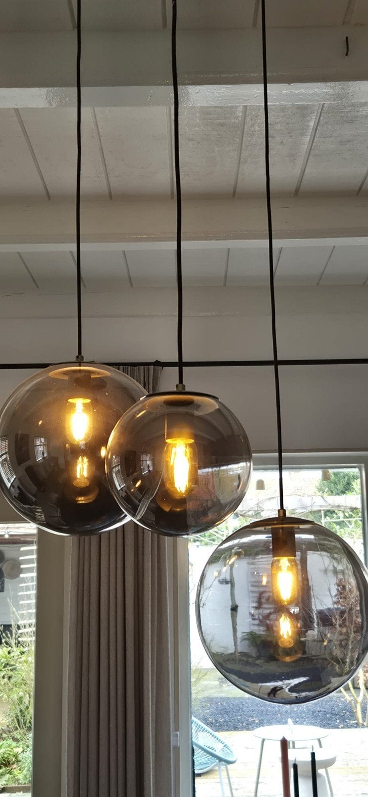 Stijlvolle hanglamp met 3 glazen bollen, Ophalen, E27 (groot), Glas, Hotel chique