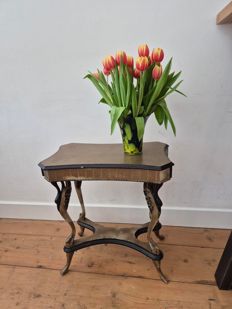 Oud BIJZETTAFELTJE hout goud/zwart., Ophalen, Rond, Minder dan 55 cm, 45 tot 60 cm