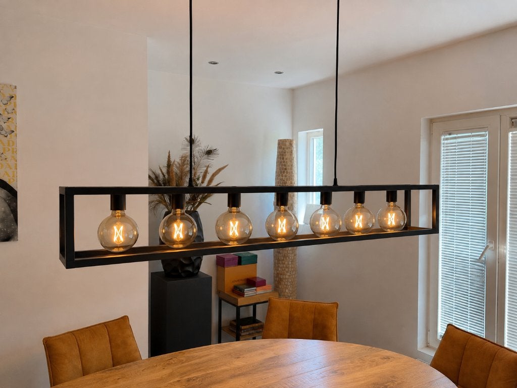 Luxe industriële hanglamp 7-lichts | Zwart staal & rookglas, Ophalen of Verzenden, Zo goed als nieuw, Overige materialen, Industriële design
