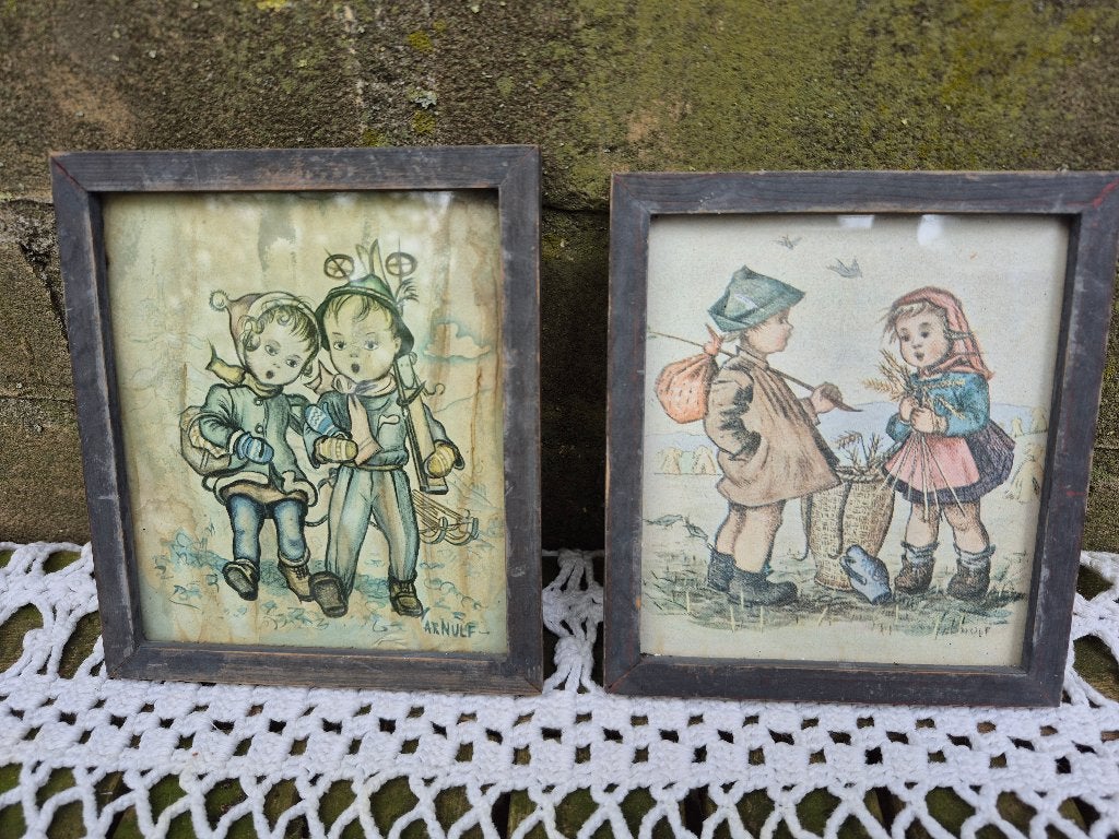Vintage kinderprenten in lijst - Arnulf en onbekend, Minder dan 50 cm, Gebruikt, Overige typen, Ophalen of Verzenden