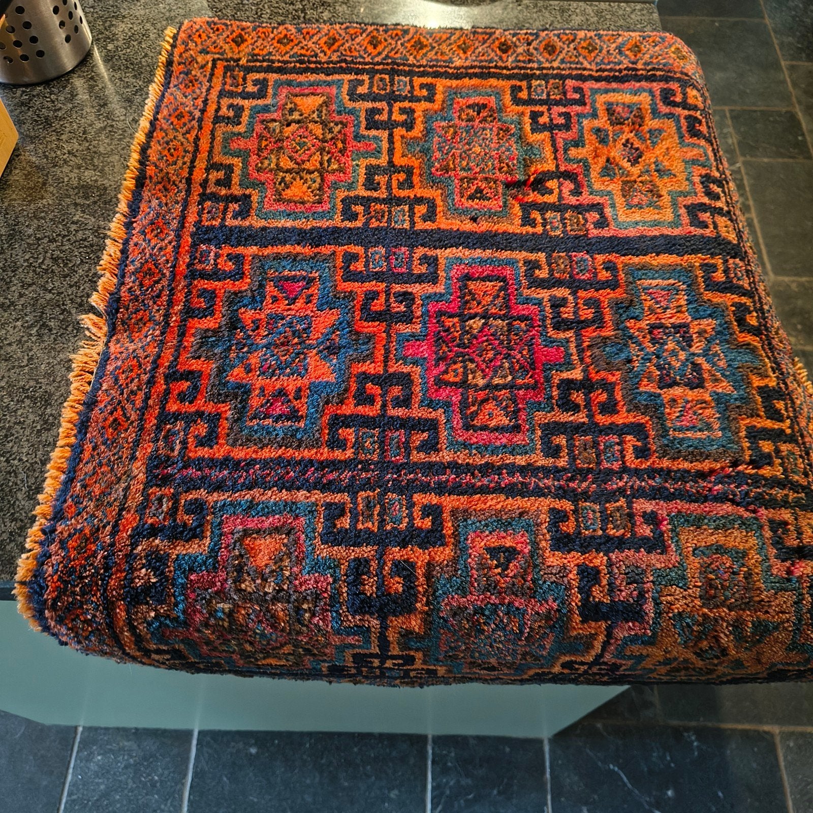 Handgemaakt Perzisch tapijt - Rood/Oranje/Blauw, 50 tot 100 cm, Vierkant, Blauw, 50 tot 100 cm