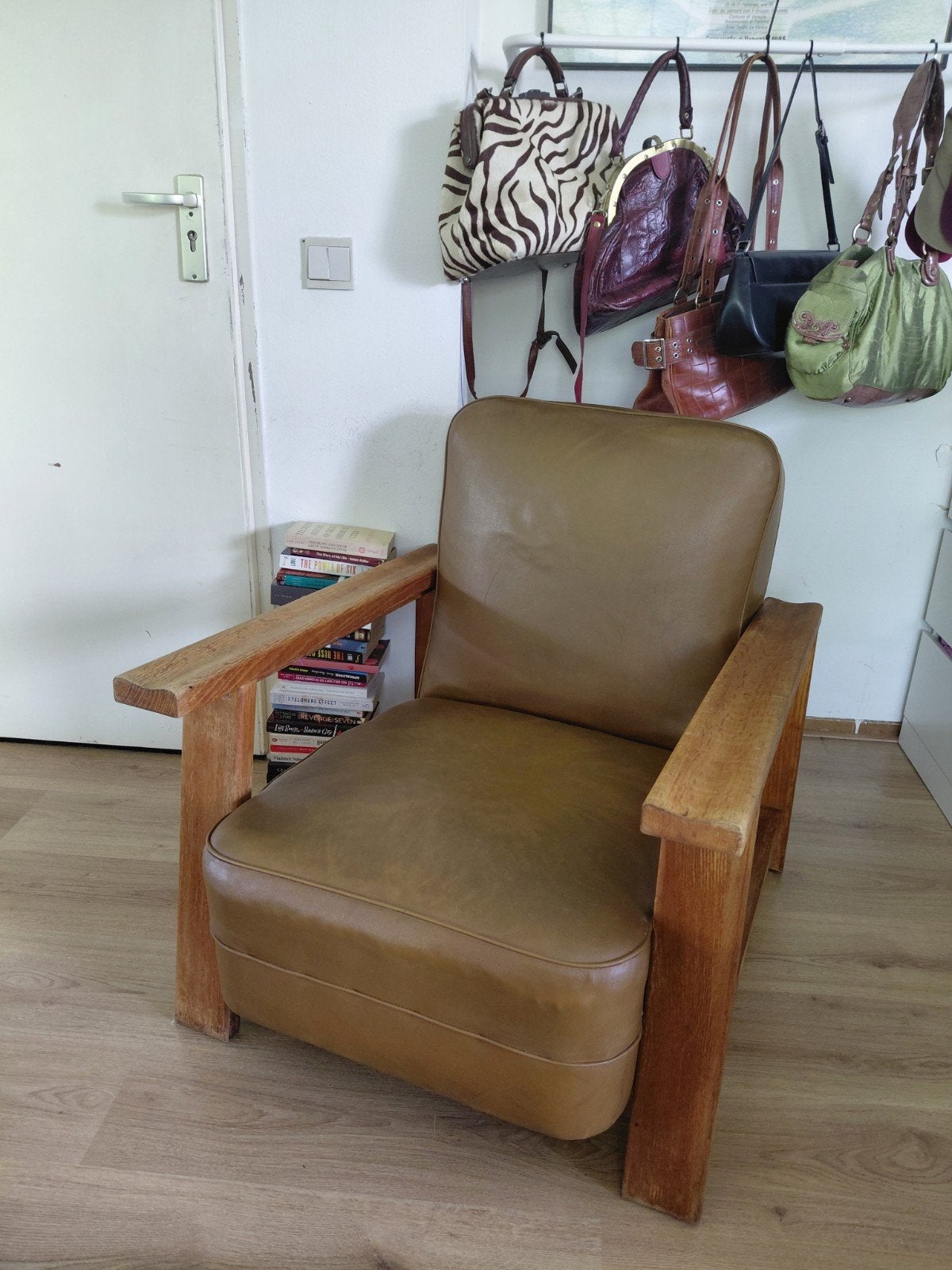 Vintage Nederlands design houten leren fauteuil, Huis en Inrichting, Stoelen, Ophalen, Gebruikt, Bruin, Vintage, Klassiek