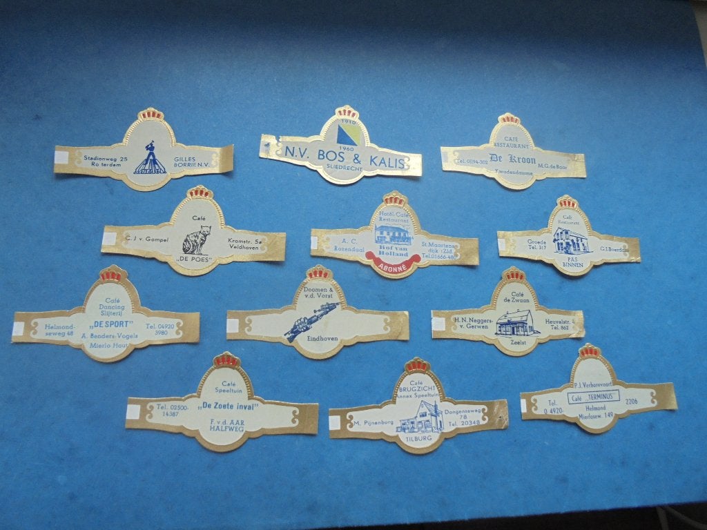 12 oude sigarenbanden Abonné met reclame / bedrijven (a), Verzamelen, Ophalen of Verzenden, Zo goed als nieuw, Sigarenbandjes