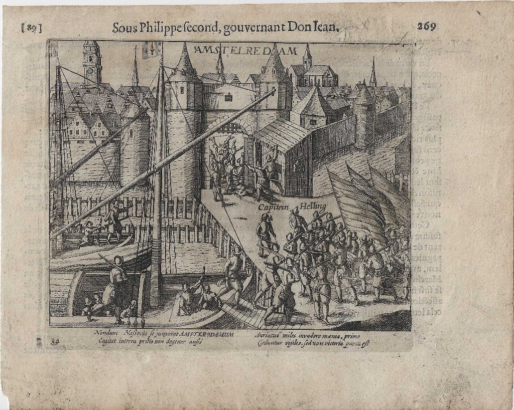 Poging om Amsterdam in te nemen, 1577 Baudartius kopergravur, Antiek en Kunst, Militair, Gravure, Met tekst, 13 cm