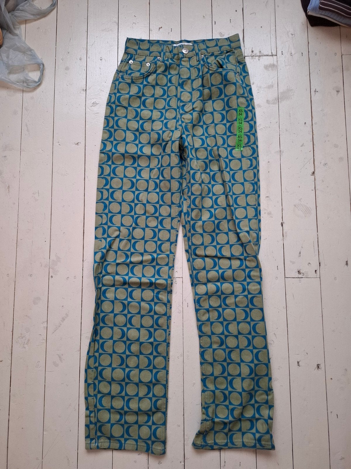 Pull&Bear Jeans Blauw/Groen met Tekens - Maat 34 - Nieuw, Nieuw, Pull & Bear, Maat 34 (XS) of kleiner, Lang