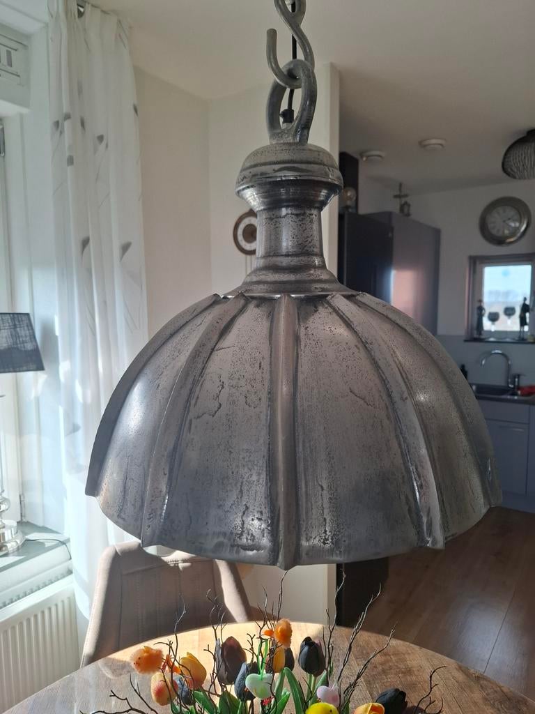 2 Geborsteld Nikkel Hanglampen - 40cm & 5cm (ook apart), Ophalen, Gebruikt, Modern, Industrieel, Metaal