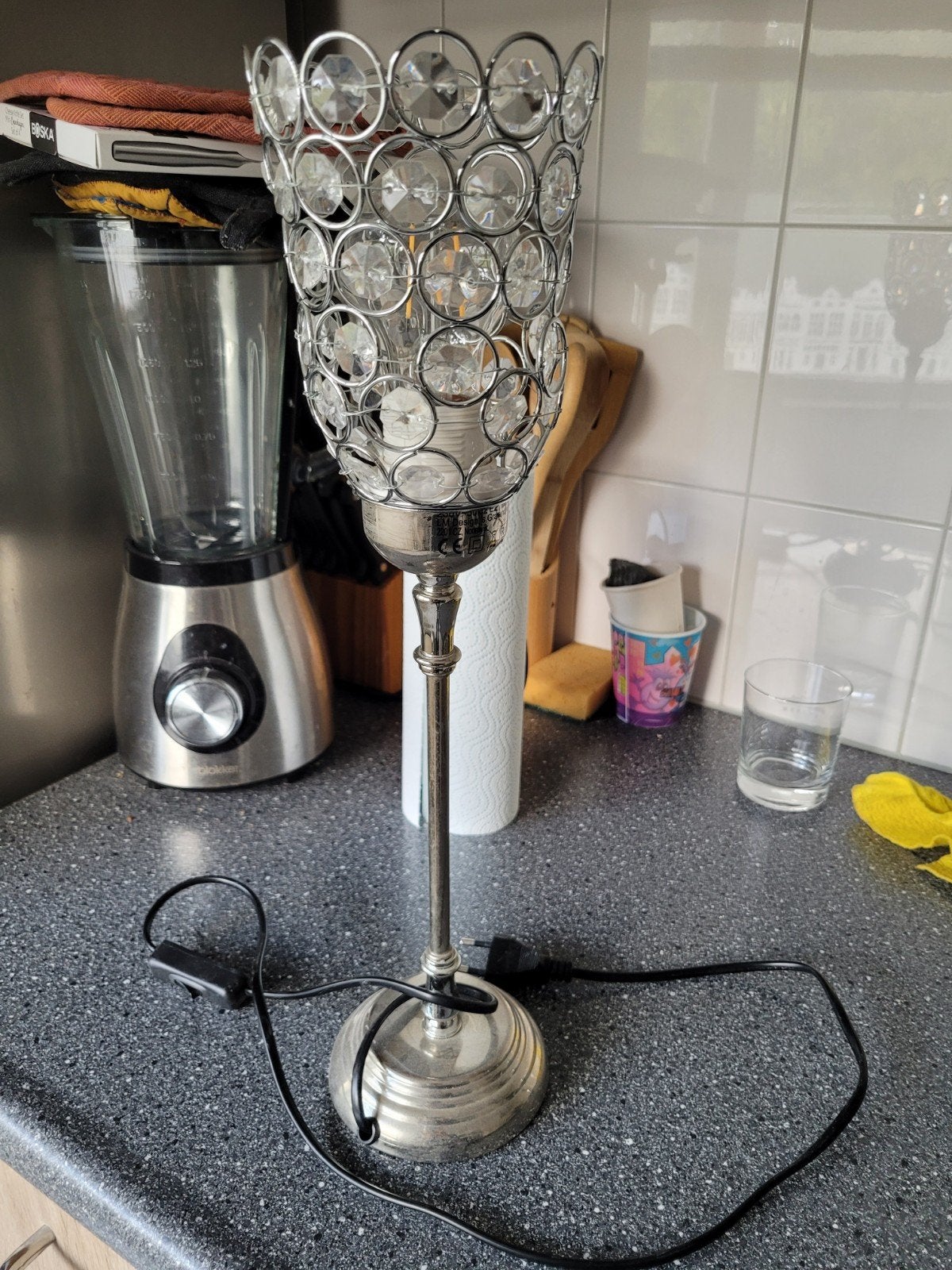 Elegante tafellamp met kristallen details, Ophalen, Met schakelaar, E27 (groot), Glas