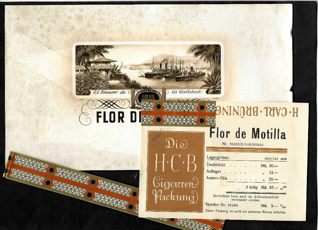 Carl Bruning   set etiket  Flor de Motilla, Ophalen of Verzenden, Gebruikt, Sigarenbandjes