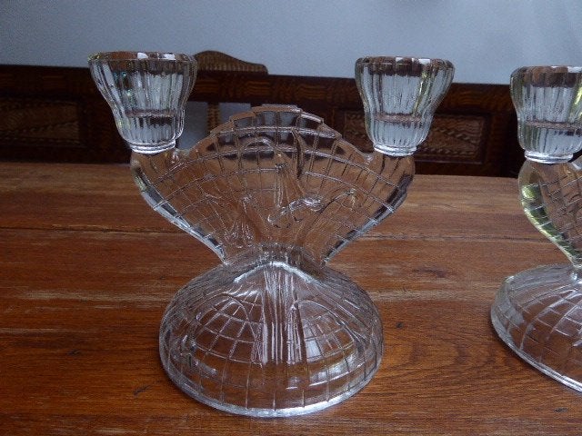 2 art nouveau persglazen kandelaars voor 2 kaarsen, Ophalen of Verzenden, Koper of Brons