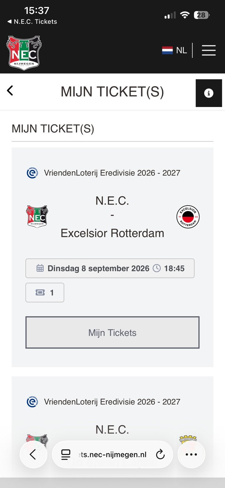 Kaartje nec - excelsior vanavond 18.45, Eén persoon