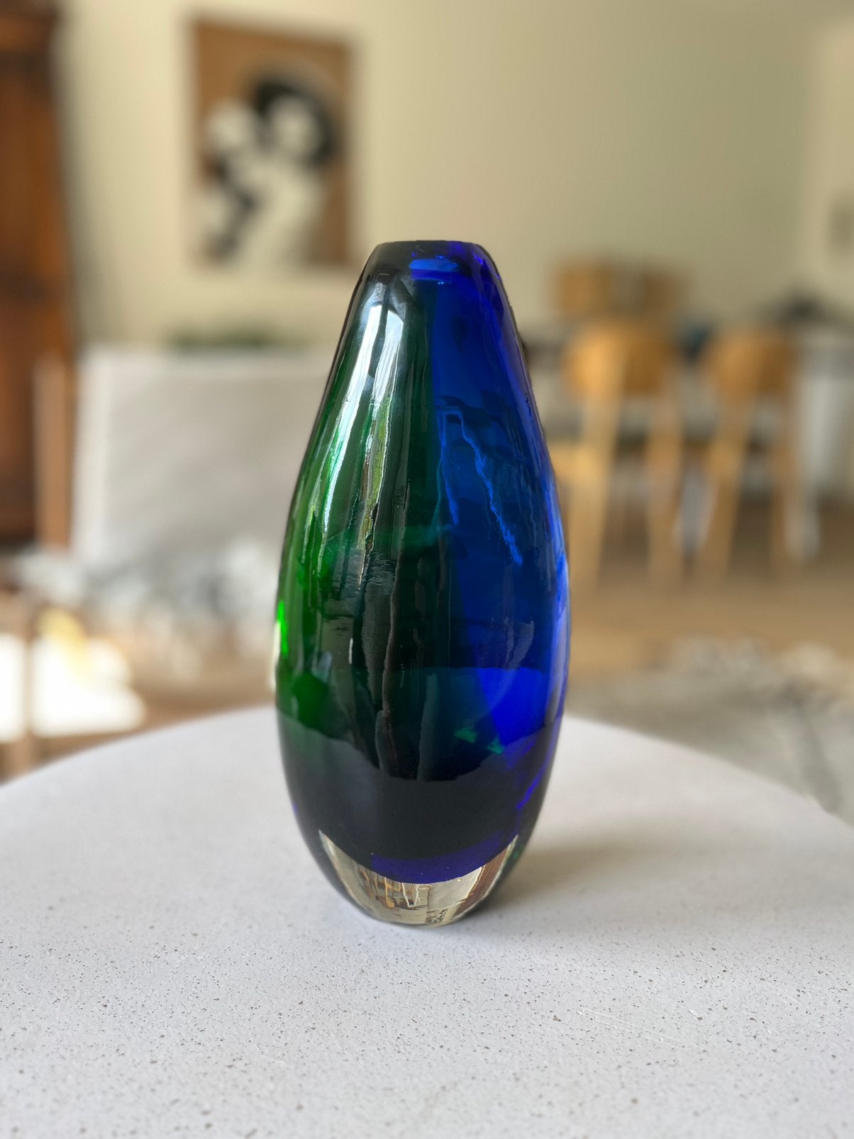 Vintage Murano blauw/groene vaas Flavio Pi, Antiek en Kunst, Antiek | Vazen, Ophalen of Verzenden