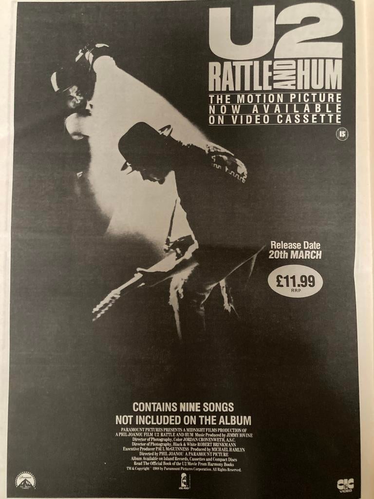 Paginagrote A3 advertentie U2 Rattle & Hum release, Verzamelen, Posters, Ophalen of Verzenden, Zo goed als nieuw, A1 t/m A3